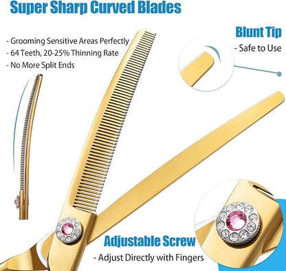7" Downward Curved Dog Grooming Thinning Scissors for Grooming Face and Paws Safety Shears Trimming Cutting Shears for Dog Cat Pet Grooming Gold