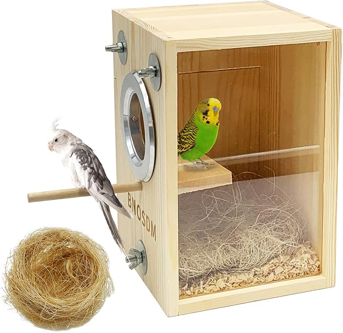 BNOSDM Parakeet Nesting Box Transparent Bird Breeding Nest Boxes Natural Wood Bird Cage (M)