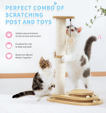 Made4Pets Cat Scratching Post Cat Scratcher Kitten Toys for Indoor Cats Wooden Ball Track Two-Layer Modern Sisal 23.4" Tall Scratch Post Interactive Toy with Dangling Ball Middle Size