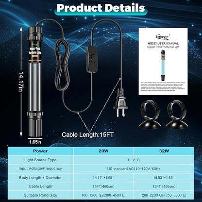 hygger 20W Aquarium U-V Light for 100-1200 Gallon, Pond Water Clarifier for Green Water and Algae Clean, for Koi Pond, Large Fish Tank, Swimming Pool, Cold Plunge, Spa