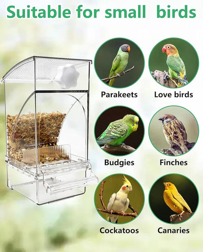 Hamiledyi 2Pcs No Mess Bird Feeder Automatic Bird Cage Feeder Transparent Acrylic Parrot Seed Food Container with Perch for Parakeet Finch Lovebirds Budgies Canary