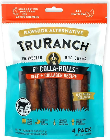 TRURANCH Collagen Rolls - 6" Collagen Rolls for Dogs - Long Lasting Healthy Joint Support Dog Treat - Rawhide Alternative - Skin & Coat Health - Made with Real Beef, 1 Bag, 4 Count