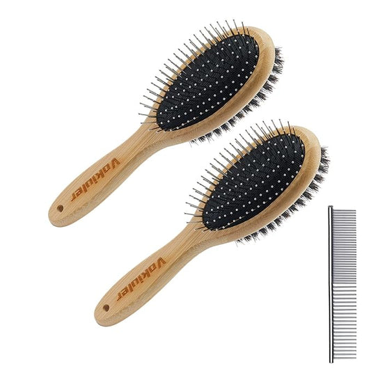 Double Sided Dog and Cat Brush - Bristle and Pin for Grooming, Real Boar Bristle With Bamboo Handle for Long Short Hair, 4 Pack Comb, Black+Yellow