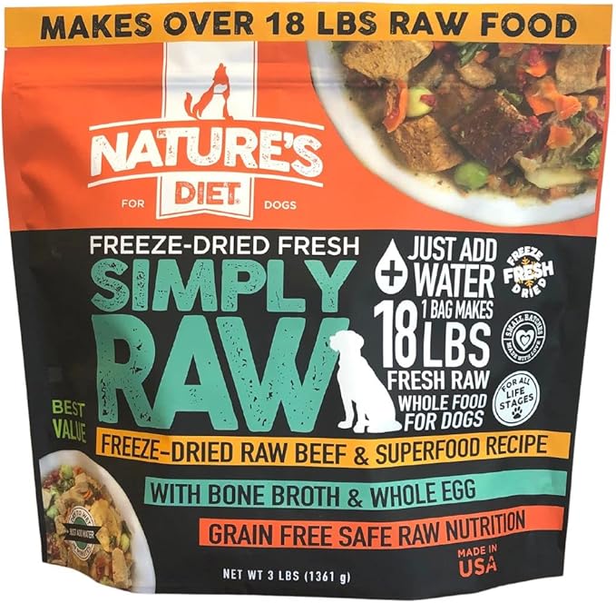 Nature's Diet Simply Raw® Freeze-Dried Raw Whole Food Meal - Makes 18 Lbs Fresh Raw Food with Muscle, Organ, Bone Broth, Whole Egg, Superfoods, Fish Oil Omega 3, 6, 9, Probiotics & Prebiotics (Beef)