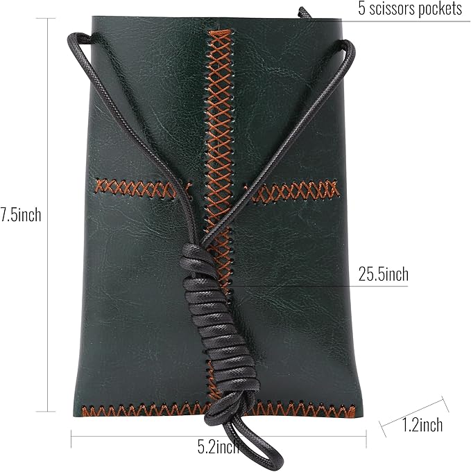 Dog Grooming Scissors Storage Bag: Hand-stitched, Show-quality Head Layer Calf Leather, Holds 5 Pairs of Dog Grooming Scissors Green