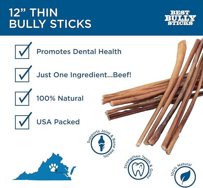 Best Bully Sticks 12 Inch Thin Bully Sticks for Dogs - 100% Natural Grain and Rawhide Free Bully Sticks for Small Dogs, Puppies, Senior Dogs | 24 Pack
