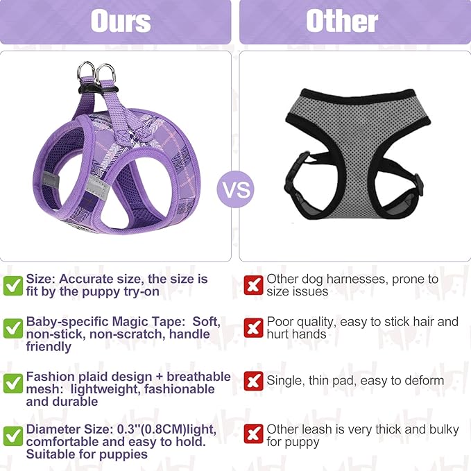 BEAUTYZOO Small Dog Harness and Leash Set,Step in No Chock No Pull Soft Mesh Dog Harnesses Reflective for Extra-Small/Small Medium Puppy Dogs and Cats, Plaid Dog Vest Harness for XS S Pets, Purple XXS