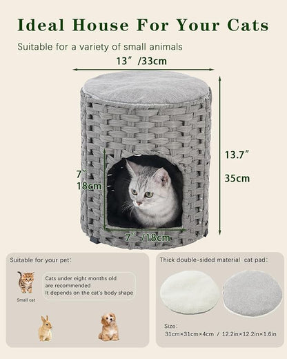 Cat House for Indoor Cat, Small Cat Houses Handwoven PE Rattan Kitten Cave, Pet Kitten Bed Covered, One Bed Pad, 13 x 13 x 13.7 Inches, Foldable Hideaway in Living Room Gray