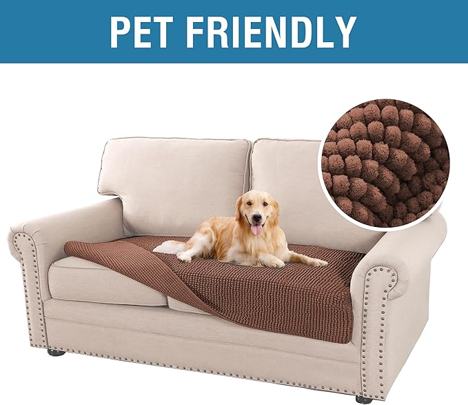 H.VERSAILTEX Plush Chenille Dog Bed Cover Thick Soft Loveseat Cover for 2 Cushion Couch Anti Slip Couch Cover Furniture Protector for Dog, Pet, Cat (35" x 62", Caramel)