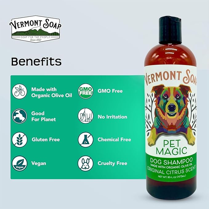 Vermont SOAP Organics Pet Shampoo - Infused with Organic & Natural Olive Oil, Coconut & Aloe Vera Dog Shampoo for Sensitive Skin - USDA Certified Grooming Pet Shampoo - Original Citrus (16oz)