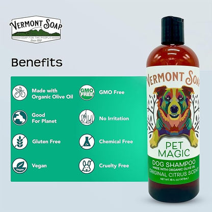 Vermont SOAP Organics Pet Shampoo - Infused with Organic & Natural Olive Oil, Coconut & Aloe Vera Dog Shampoo for Sensitive Skin - USDA Certified Grooming Pet Shampoo - Original Citrus (16oz)