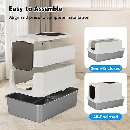 RIZZARI Stainless Steel Litter Box: 23.8" × 11.7" × 16.1" Beige Non-Stick Litter Pan with Cat Litter - Easy to Clean for Apartments - Multi-Cat Homes