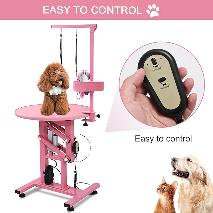 24" Electric Dog Grooming Table, Fast Lift Heavy Duty 360° Rotating Pet Grooming Desk for Small Dogs with Anti Skid Tabletop, Remote, Grooming Set, Tool Organizer, Pink