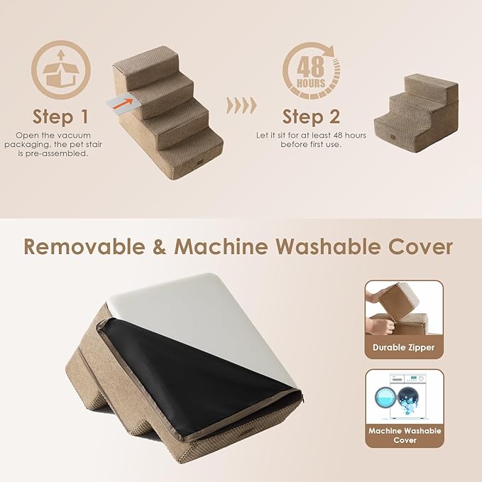 EHEYCIGA Dog Stairs for Small Dogs 13.5" H, 3-Step Dog Steps for Couch Sofa and Chair, Pet Steps for Small Dogs and Cats, Non-Slip Balanced Dog Indoor Ramp, Camel