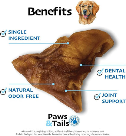 PAWS&TAILS Premium All-Natural Pig Ears for Dogs - Joint Health Support, Thick-Cut - High-Protein, Low-Fat Treats for Dental Hygiene - No Additives or Preservatives. (12, Natural Whole Pig Ears)