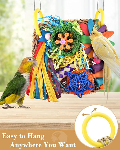 ERKOON Bird Cockatiel Toys Foraging Toys Hanging Parrot Toys for Lovebrid Parakeets Conures Bird Foraging Wall with Colorful Toys for Birds Shredding Seagrass, Birds Cage Toy Accessories