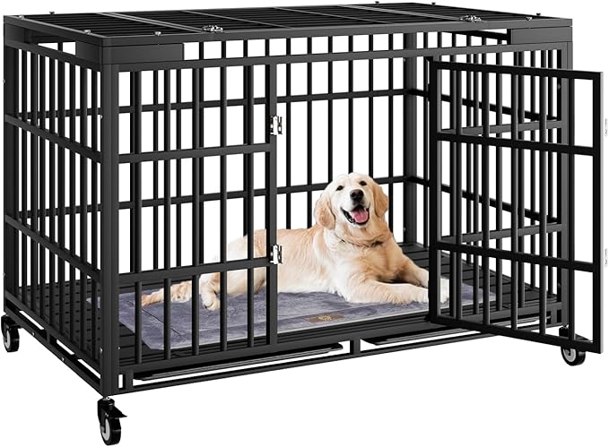 54 Inch Heavy Duty Dog Crate with Wheelsï¼_ndestructible Escape-Proof Dog Cage for Large Dogs, Extra Large XL XXL Indestructible Dog Crate with Removable Tray.