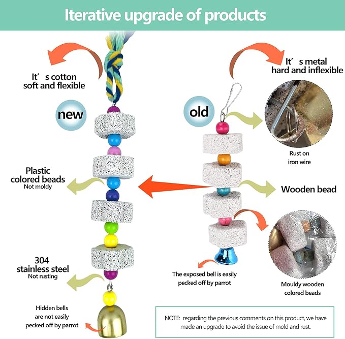 Parrot Chewing Toy with Bell - Bird & Parakeet Beak Grinding Stone - 3 Pack