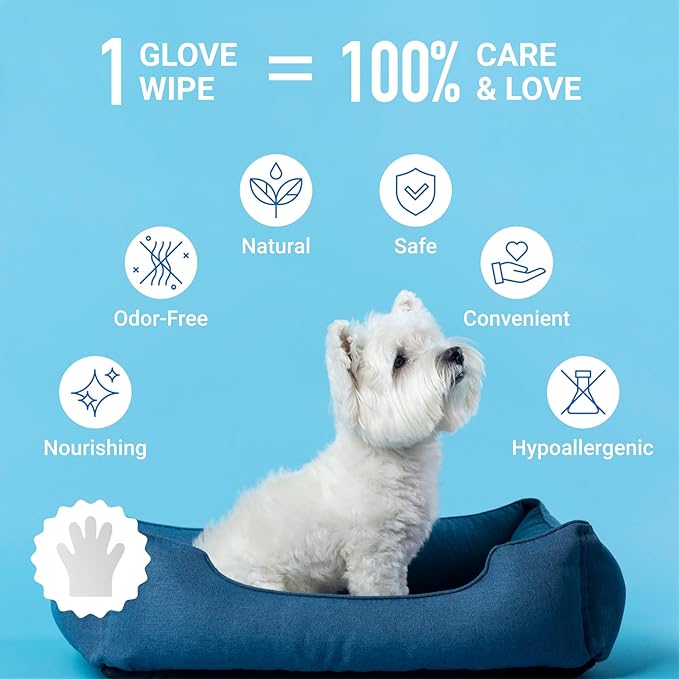 Pet Grooming Glove Wipes, Dog and Cat Cleaning Wipes for Fur, Paws, Butt, Puppy and Dog wet wipes, Hypoallergenic Deodorizing with Natural Sunshine Oat Extract, On-the-Go Freshness, Fast clean