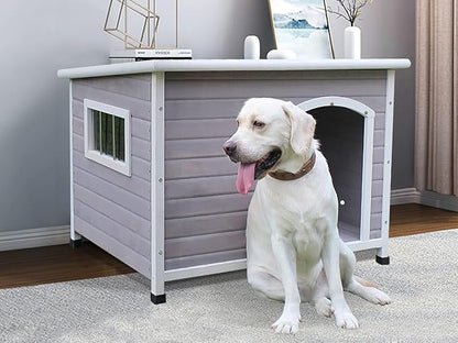 44" Wooden Large Dog Houses Outdoor Indoor, Waterproof Dog Houses Outside with Window Dog House for Small to Large Sized Dogs-Grey