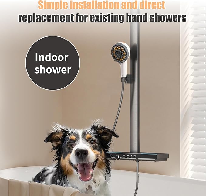 Dog Shower Brush with Massage Function & High Pressure Hose (6.6ft), Handheld Pet Bath Sprayer, No Drill Wall-Mount Holder, 3 Spray Modes for Tough Stain Removal & Grooming