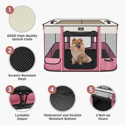 Foldable Pet Kitten Playpen, Upgrade Waterproof Portable Cat Dog Playpen Kennel Tent for Dog Cat, Removable Shade Cover with Free Carrying Case, Indoor Outdoor Use for Small Pet, Pink