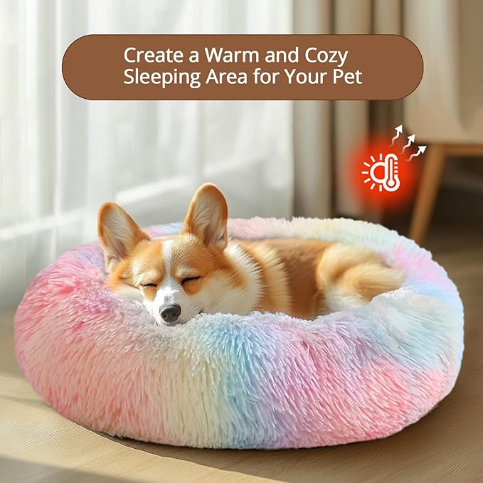 JOLLYVOGUE Dog Bed Cat Bed, Anti-Anxiety Small Dog Bed, Calming Donut Dog Bed for Puppy Bed, Fluffy Dog Beds for Small Medium Dogs, Washable Round Puppy Bed for Indoor Pet (24"/Rainbow