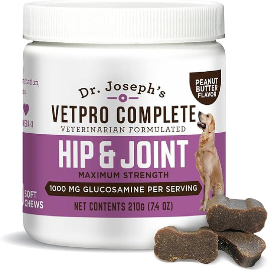 VetPro Complete Dr. Joseph's Peanut Butter Hip and Joint Dog Chews, 60 Count, Pain and Inflammation Relief with Glucosamine, Chondroitin, MSM, Turmeric, Vitamin C, Omega 3, Treats Hip Dysplasia