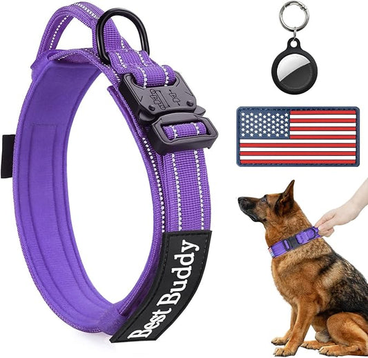 AUBELL Reflective Dog Collar, Tactical Dog Collar for Large Dogs, Heavy Duty Dog Collars with Control Handle and Metal Buckle for Medium Dogs, with Airtag Case and 2 Patches (Purple, L)