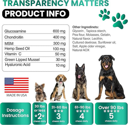 (2 Pack) Hemp Hip and Joint Supplement for Dogs - Glucosamine for Dogs - 340 Joint Pain Relief Treats - Chondroitin, MSM, Hemp Oil - Advanced Health Supplement - Mobility Support Chews - Made in USA