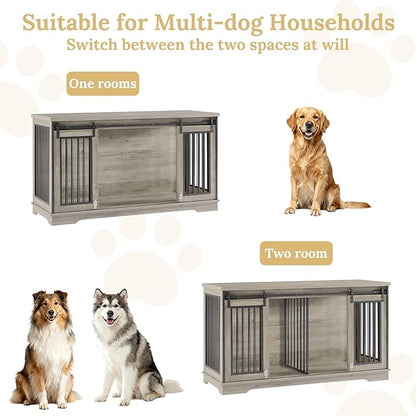 Rovibek 60.6" Double Dog Crate Furniture, Large Dog Kennel Furniture TV Stand for 2 Dogs, Furniture Style Dog Crates End Table, Wood Crates for Dogs Grey