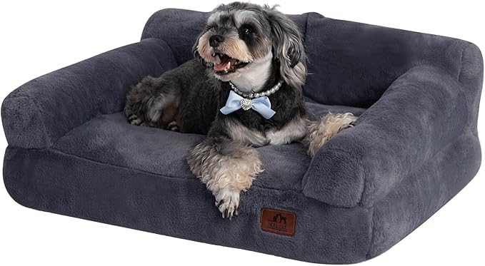 Hollypet Fluffy Plush Dog Cat Pet Couch Soft Calming Sofa Bed for Medium Small Cats and Dogs, Gray, M