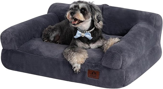 Hollypet Fluffy Plush Dog Cat Pet Couch Soft Calming Sofa Bed for Medium Small Cats and Dogs, Gray, M