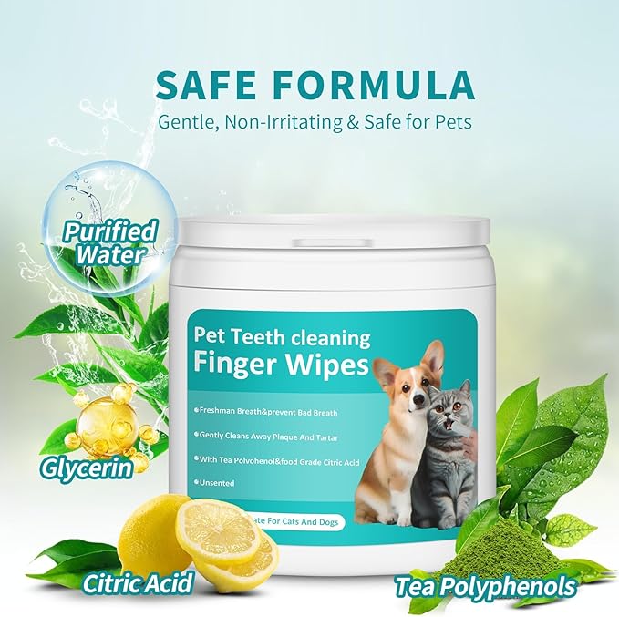PITHER Dog Teeth Cleaning Wipes, 50 Counts Pet Teeth Dental Wipes for Dogs & Cats Gentle Non-Irritating Soft Tooth Brushing Kit Removing Plaque & Tartar Buildup Freshen Bad Breath