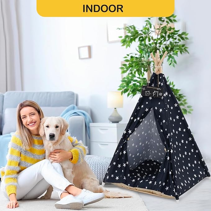 Pet Teepee Tent for Dogs & Cats, 24 Inch & 43 Inch Portable Indoor Dog House with Thick Cushion, Cat Teepee Washable Tent Dog Teepee Bed Indoor (43 Inch, Navy Blue Stars)
