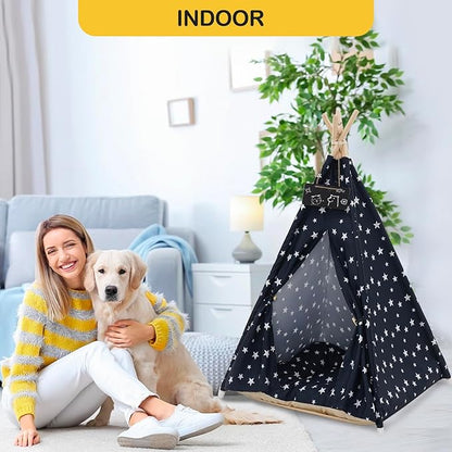 Pet Teepee Tent for Dogs & Cats, 24 Inch & 43 Inch Portable Indoor Dog House with Thick Cushion, Cat Teepee Washable Tent Dog Teepee Bed Indoor (43 Inch, Navy Blue Stars)