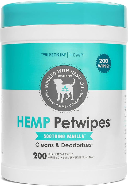 Petkin Hemp Pet Wipes for Dogs and Cats - with Hemp Oil & Soothing Vanilla Scent, 200 Count - Soothes, Calms & Conditions - Wipes for Pet's Face, Eyes and Body - for Home or Travel