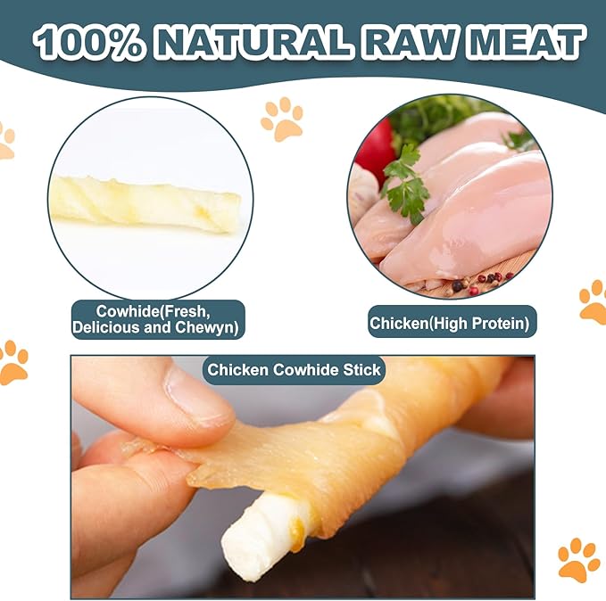 Chicken Wrapped Rawhide Sticks -Natural Dog Treats Training Rewards Nutritious Healthy Chews Pet Food Grain Free Real Meat Dried Snacks for Puppy Small Medium Dogs (5 OZ)