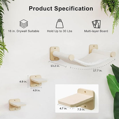 FUKUMARU Cat Wall Hammock with Two Steps Set, Modern Cat Climbing Shelves Furniture, Kitty Bed with Thickened Fabric for Sleep, Climb and Play