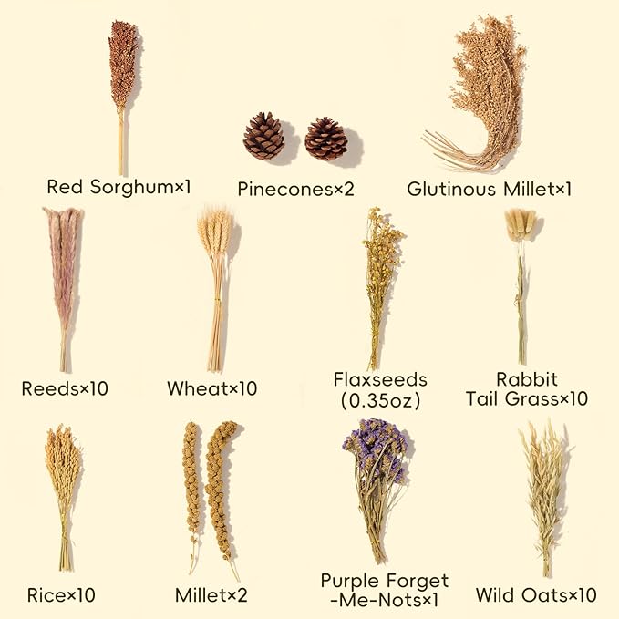 BUCATSTATE Natural Hamster Bedding - Flowers & Herbs & Sprays for Cage Habitat Decor - Treat Cereal Grain for Dwarf Syrian Gerbils, Mice, Rat, Forage, Enrichment (58PCS)