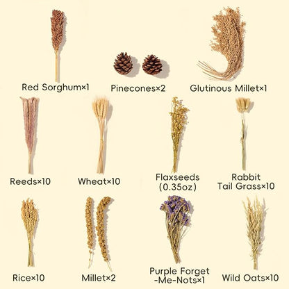 BUCATSTATE Natural Hamster Bedding - Flowers & Herbs & Sprays for Cage Habitat Decor - Treat Cereal Grain for Dwarf Syrian Gerbils, Mice, Rat, Forage, Enrichment (58PCS)