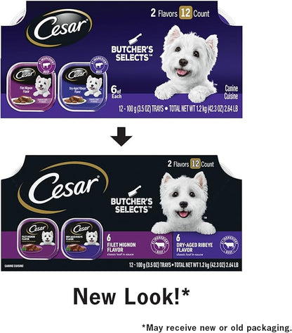 Cesar Wet Dog Food Classic Loaf in Sauce Butcher's Selects Variety Pack, Dry-Aged Ribeye Flavor and Filet Mignon Flavor, 3.5 oz. Trays (12 Count, Pack of 1)