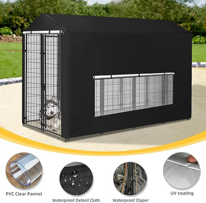Dog Kennel Cover Large Shade Outdoor Playpen Cover Fully Enclosed Outside Waterproof Dog Crate Cover with Anti-UV Mesh Window and Clear Pannel for Viewing (Cover only Patent Design)