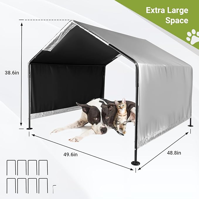 Dog Shade Shelter, 4'x4'x3.2' Metal Outdoor Dog Tent w/Ground Nails, Waterproof Pet Canopy Shelter for Outside, Pet House for Dogs, Cats, Small Animals and Livestock, Grey