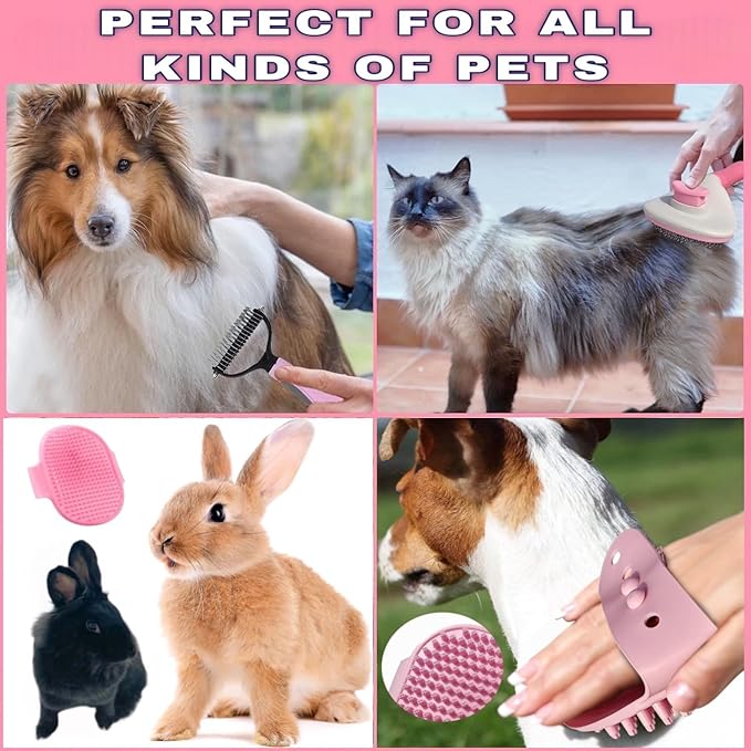 6-Piece Pink Grooming Brush dogs & Cat, Dog hair brush for Grooming small dogs, Puppy Brush for Small Dogs, Includes Bunny Nail Clippers with Case Pink, Easy to Transpor