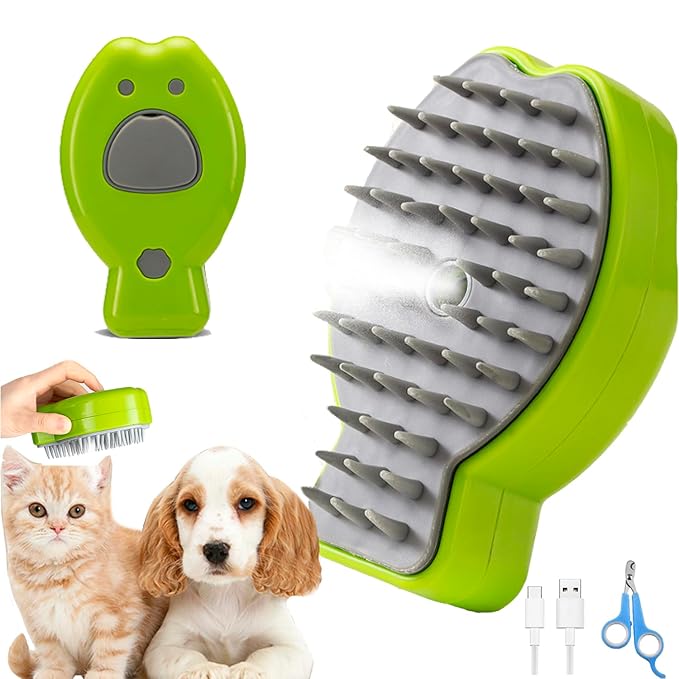 Cat Steam Brush,3 in 1 Steamy Cat Brush for Shedding,Steamy Cat Brush for Long & Short Haired Cats & Dogs, Pets Grooming Portable Pet Hair Removal Tool,Green