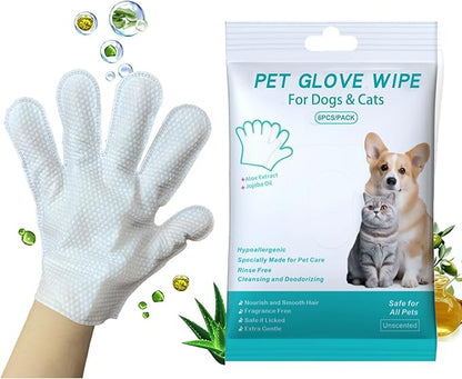 6PCS Cats & Dog Washing Gloves, Dog Wipes Cleaning Deodorizing Grooming Gloves, Rinse-Free Pet Wipes for Dogs & Cat Quick Cleaning after Outdoor Activities.