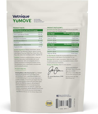 YuMOVE Hip & Joint Supplement for Dogs with Glucosamine, Hyaluronic Acid, Green Lipped Mussel & Omega 3 Joint Supplement - Regular or Advanced Strength (45ct, Advanced Vet Strength Soft Chews)