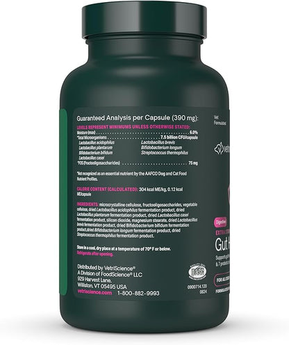 VetriScience Extra Strength Gut Health Easy-Open Capsules, Mega Probiotic and Prebiotic Digestive Supplement for Dogs and Cats, for Diarrhea and Immune Support, 7.5 Billion CFU Per Capsule, 120 Count