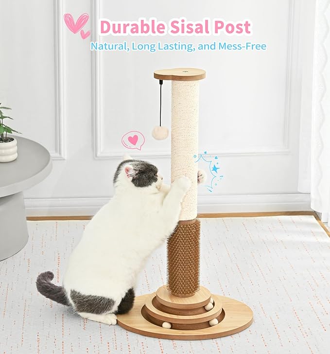 Made4Pets Cat Scratching Post Premium Sisal Cat Scratcher Kitten Toys for Indoor Kittens 28.3" Tall Cat Tower Scratch Post Cat Tree Wooden Interactive Ball Track Cat Toy with Hanging Ball, Beige